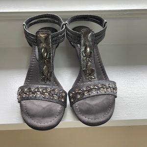 New York Transit Silver Jeweled Small-Wedge Heels